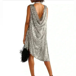 HALPERN Trapeze Dress FR40 M  Silver Sequin Cowl Back Asymmetrical Hem